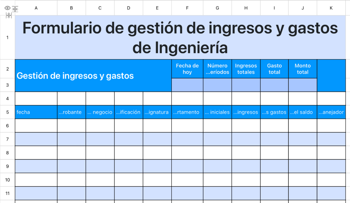 Formulario de gestión de ingresos y gastos de Ingeniería